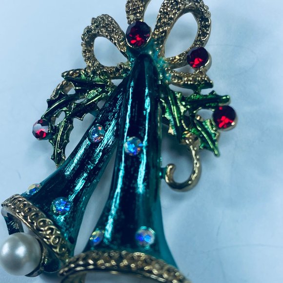 Long Two Bell Christmas Holiday Brooch Pin Holly Faux Pearls Rhinestone Bows - Picture 15 of 16